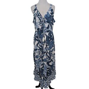 Goa Beachwear Japan Floral Jumpsuit Womens Size XL Blue Tassels V Neck Tropical